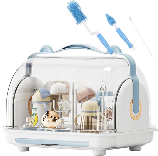Transparent Baby Bottle Drying Rack with Double Lid and Removable Drain Tray Dust-Proof Baby Bottle Storage Box, Space Saving Baby Bottle Rack Dryer (Blue - Large)