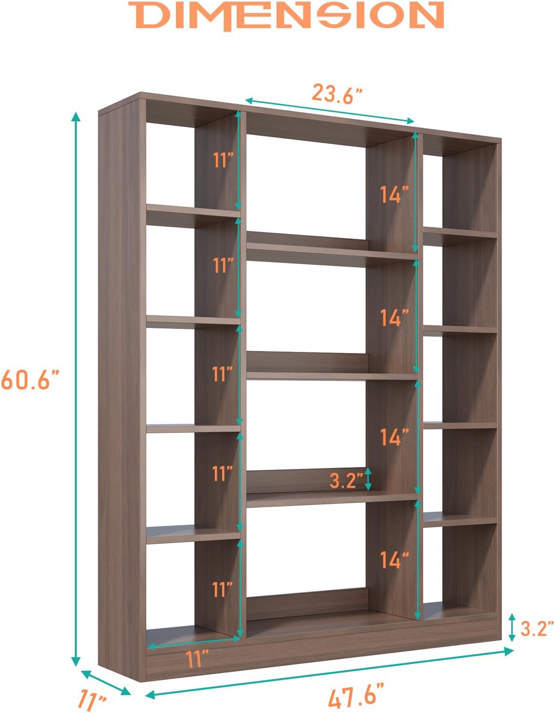Cube Storage Bookcase with Base - Large Wooden Bookshelf with 10 Open Cubes and 4 Shelves for Home and Office, Freestanding Organizer, Walnut
