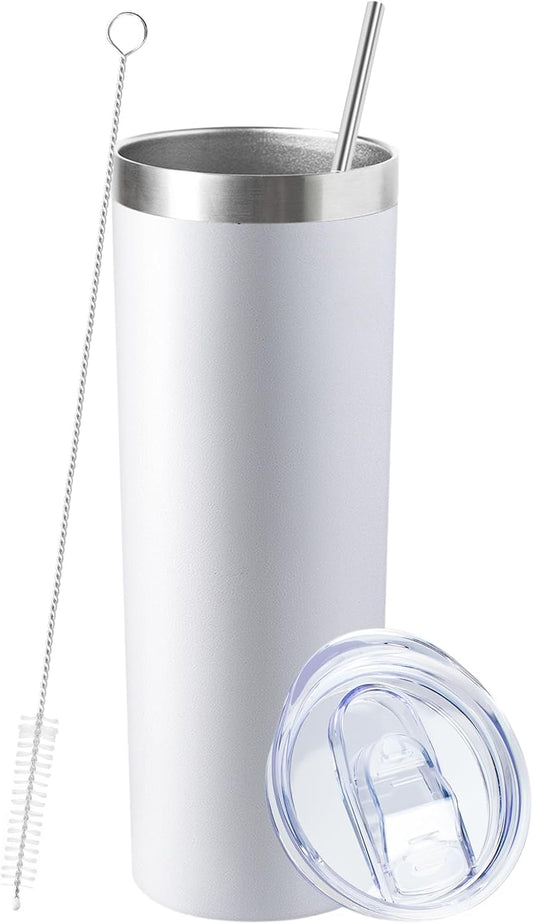 20 oz Skinny Tumbler with Lid and Straw,Stainless Steel Vacuum Insulated Tumbler Cup Double Wall Leak-proof Coffee Mug,Travel Thermal Water Tumbler for Home,Office,Outdoor(White,1)