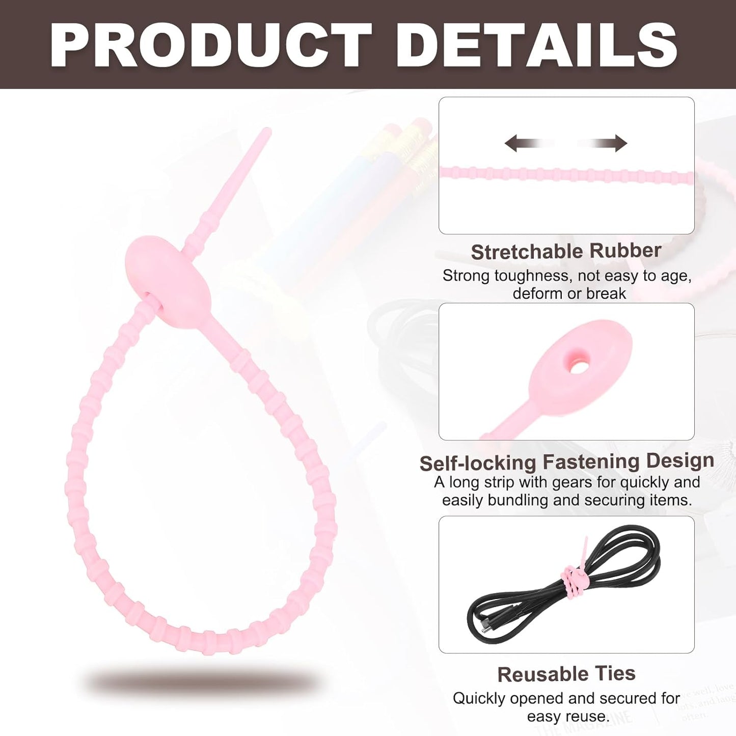 uxcell 20 Pcs Silicone Ties Bag Clip, 8.5 Inch Multi Purpose Silicone Zip Ties Reusable Rubber Zip Tie, Cable Strap Cord Organizer for Home Office Food Bag Wires Cables, Pink