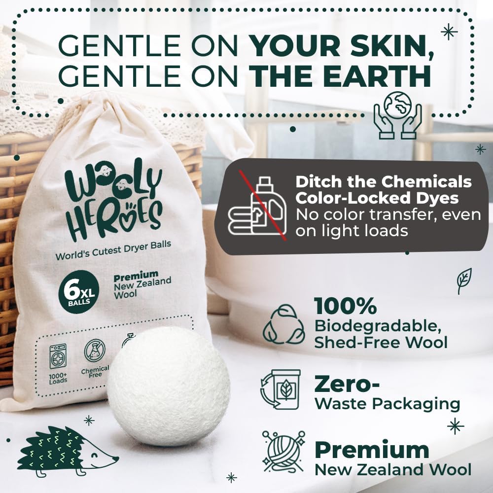 No More Dryer Sheets! Reusable Wool Dryer Balls XL 6-Pack - Reduces Static, Cuts Dry Time, & Softens Naturally