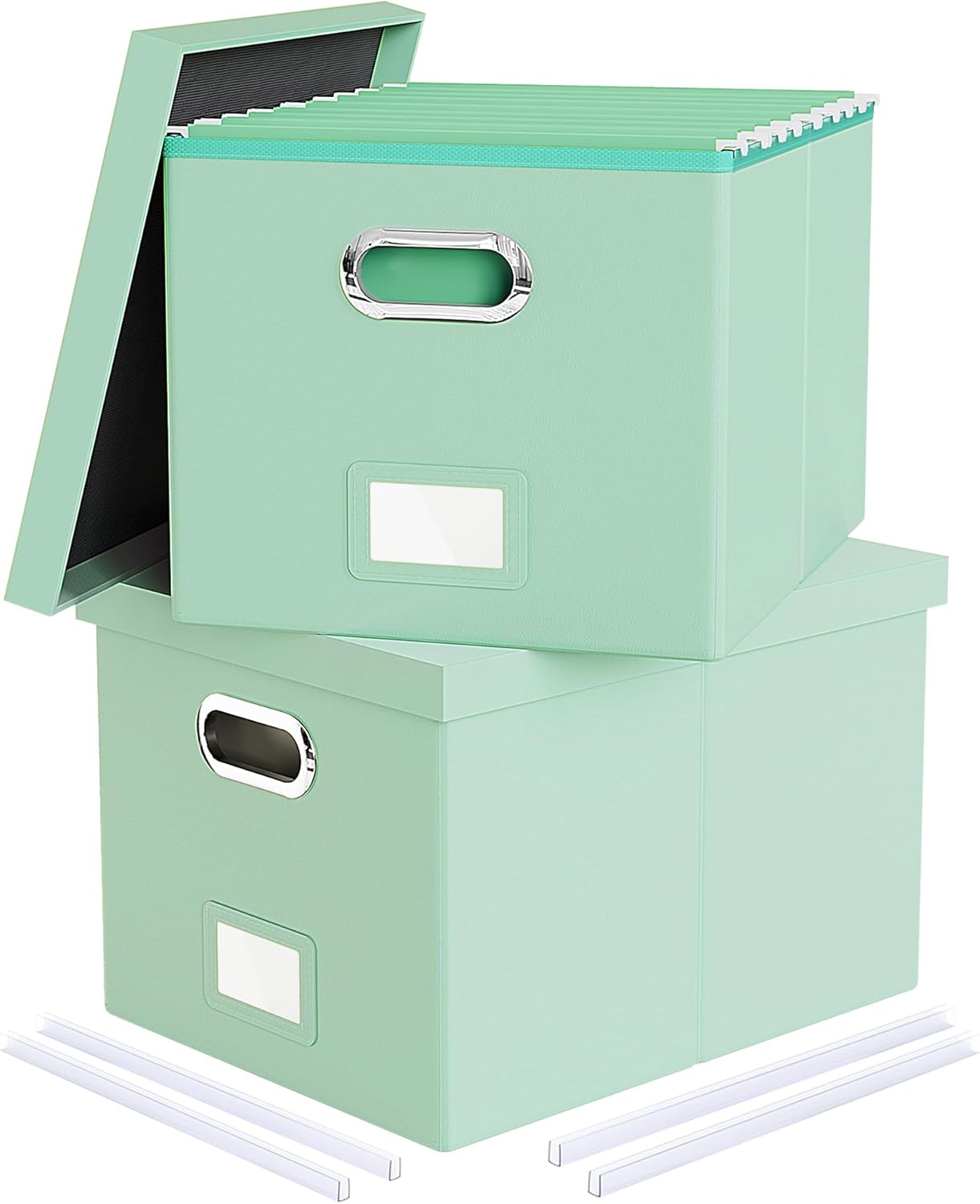 2 Pack File Storage Organizer Box,Portable File Box with Lid,Fit for Letter/Legal File Folder Storage, Mint-green(Leather)