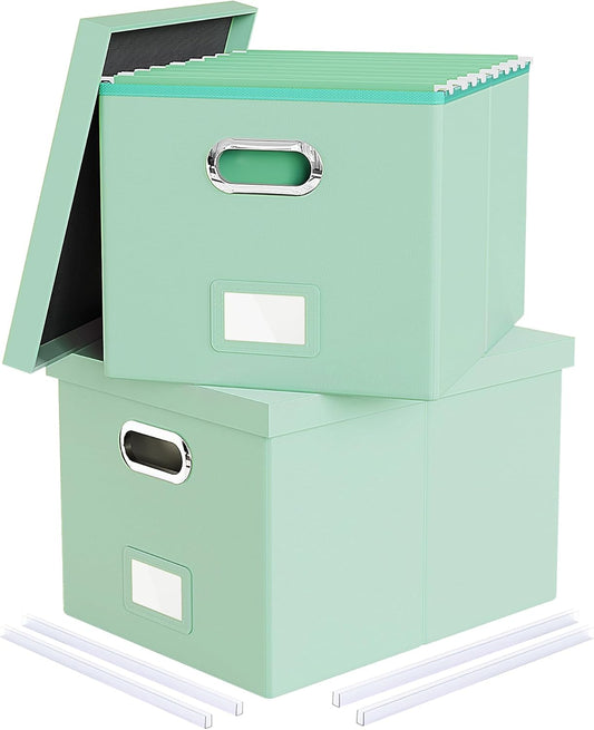 2 Pack File Storage Organizer Box,Portable File Box with Lid,Fit for Letter/Legal File Folder Storage, Mint-green(Leather)