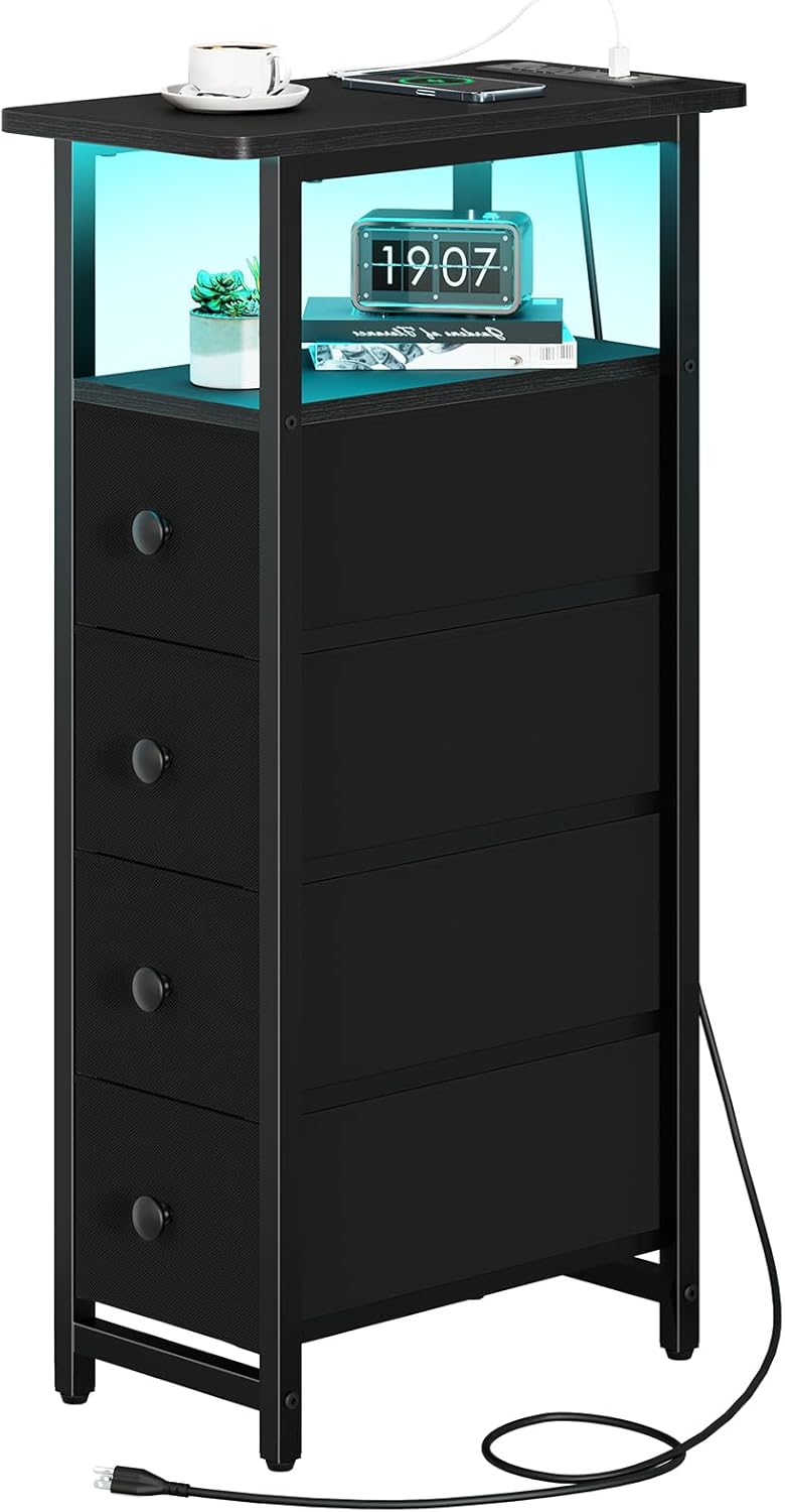 Yoobure LED Narrow Nightstand with Charging Station - Slim Dresser for Bedroom Narrow Side Table Storage Cabinet, Small Dressers Chest of Drawers, Tall Skinny Night Stand End Table for Small Spaces