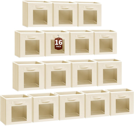 Foldable Storage Cubes - Square Organizer with Window, Decorative Baskets for Organizing, Fabric shelf Basket for Clothes, 11 Inch Closet Storage Cubes, Set of 16, Beige