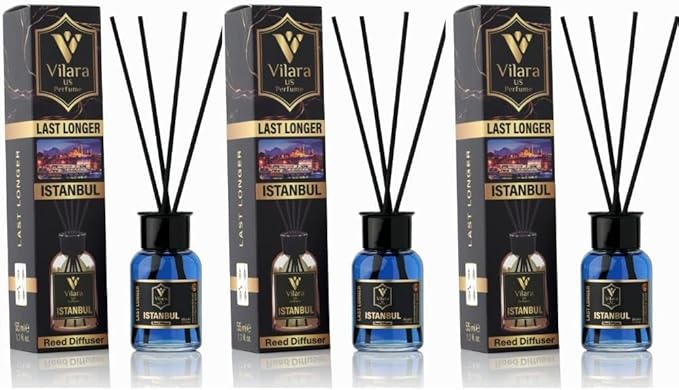 Reed Diffuser Set with Sticks for Home – Bathroom, Bedroom & Office Aromatherapy – Long Lasting Scented Oil Diffuser with Sticks – Luxury Room Fragrance Diffuser 55ml,1.7 fl oz (Istanbul Pack 3)