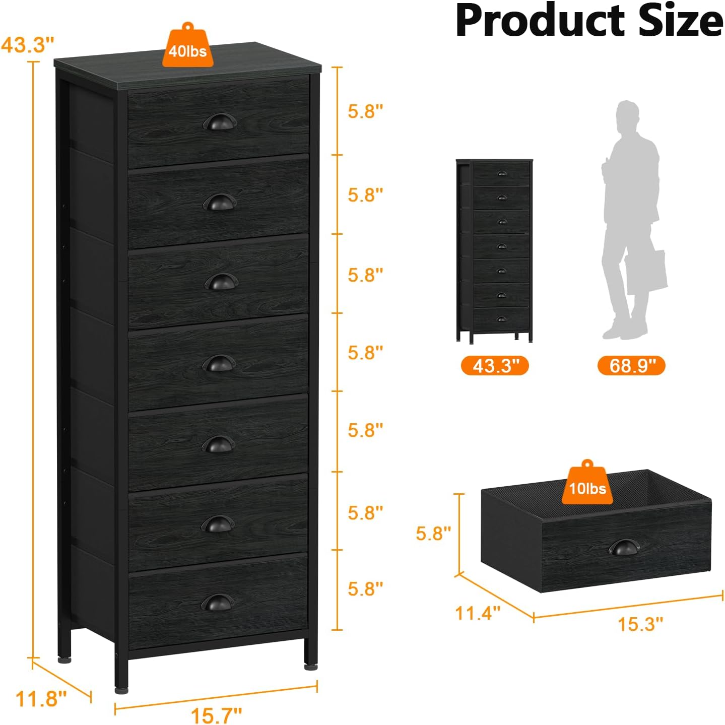Furnulem Bedroom Dresser, Tall Chests of Drawers with 7 Fabric Bins, Black Organizer in Closet, Dorm, Living Room, Nursery, Hallyway-Storage Tower Unit, Sturdy Steel Frame