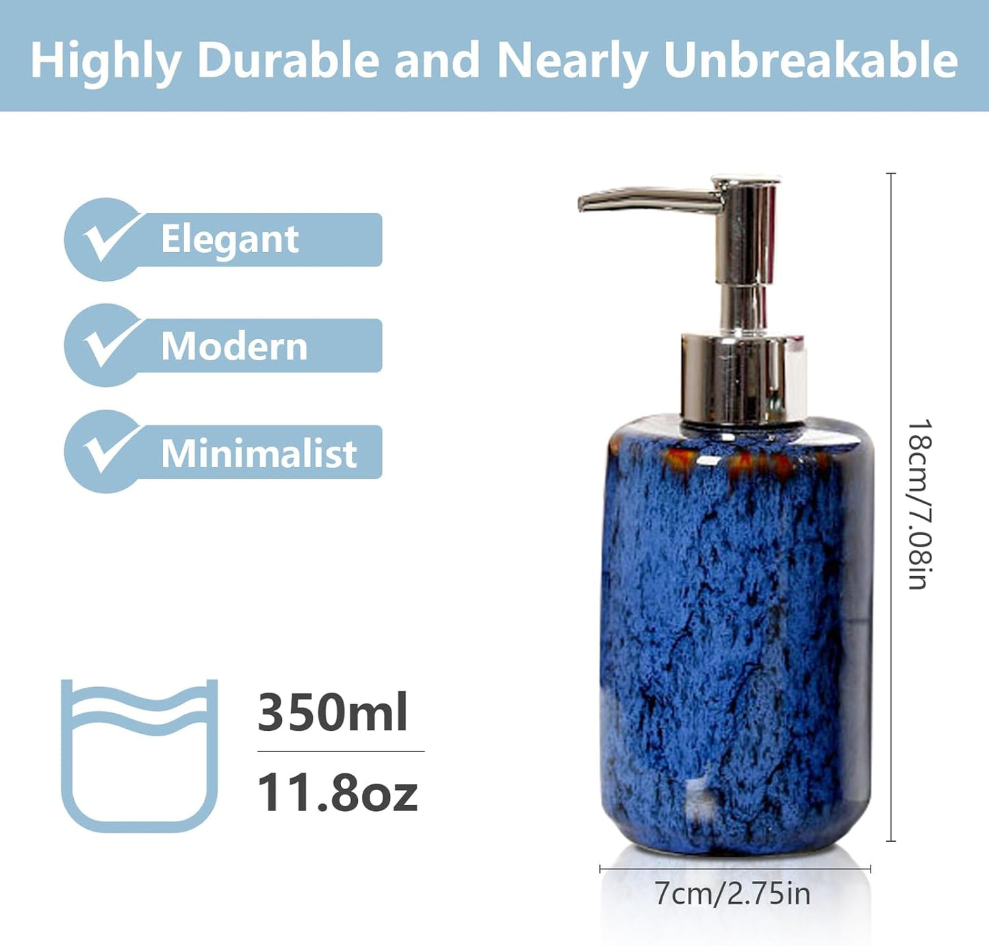 jessie Hand Soap Dispenser,Blue Ceramic Liquid Hand Soap Dispenser with Pump,Modern Vintage Refillable Hand Lotion Pump Bottle for Bathroom Kitchen Set 11.8 oz (Blue)