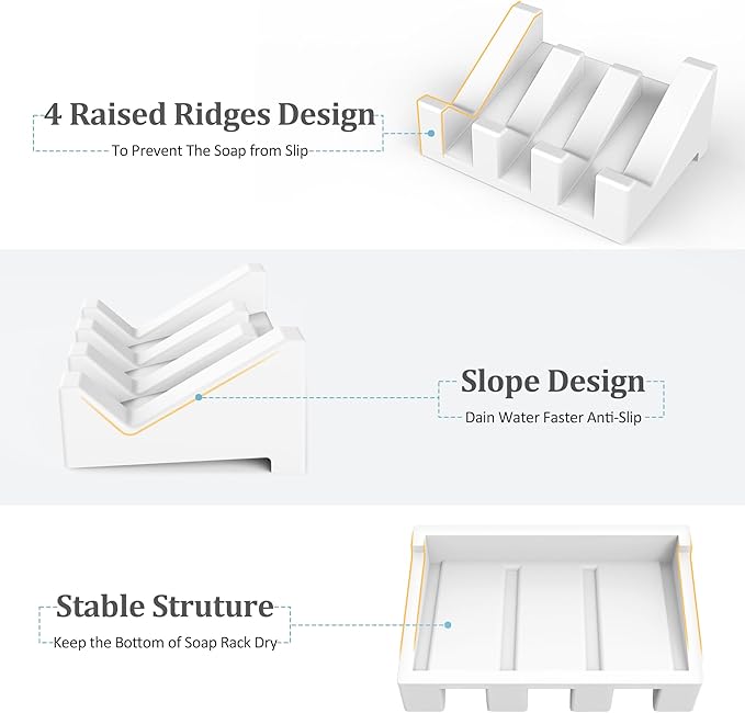 Silicone 3PCS Extended Soap Dishes with Drainage - Self Draining Shower Soap Bar Holder Keep Soap Dry Clean