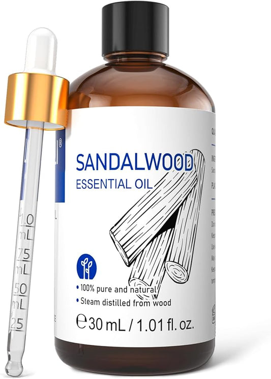 HIQILI Sandalwood Essential Oils 1 Fl Oz, 100% Pure Natural Therapeutic Grade for Skin, Diffuser, Perfume, Candle Soap Making, Includes Premium Quality Glass Dropper