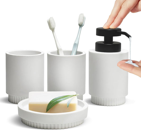 Resin Bathroom Accessories Set, 4 Pcs Modern Bathroom Accessory Set with Liquid Plastic Pump Lotion Soap Dispenser,2 Toothbrush Cup, Soap Dish Countertop Vanity Organizer(White)