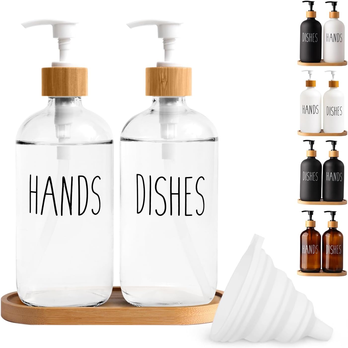 Clear Glass Soap Dispenser Set with Tray, Transparent Dish and Hand Soap Dispenser Set, Refillable Reusable Apothecary Soap Pump Dispenser Bottles for Bathroom and Kitchen