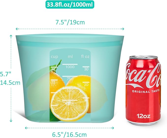 Reusable Freezer Bags Quart Size, 4 Pack, 100% Silicone Stand Up Ziplock Reusable Silicone Food Storage Bags Sandwich Bags Containers, Freezer Microwave Oven Dishwasher Safe, Aqua, 33.8fl.oz