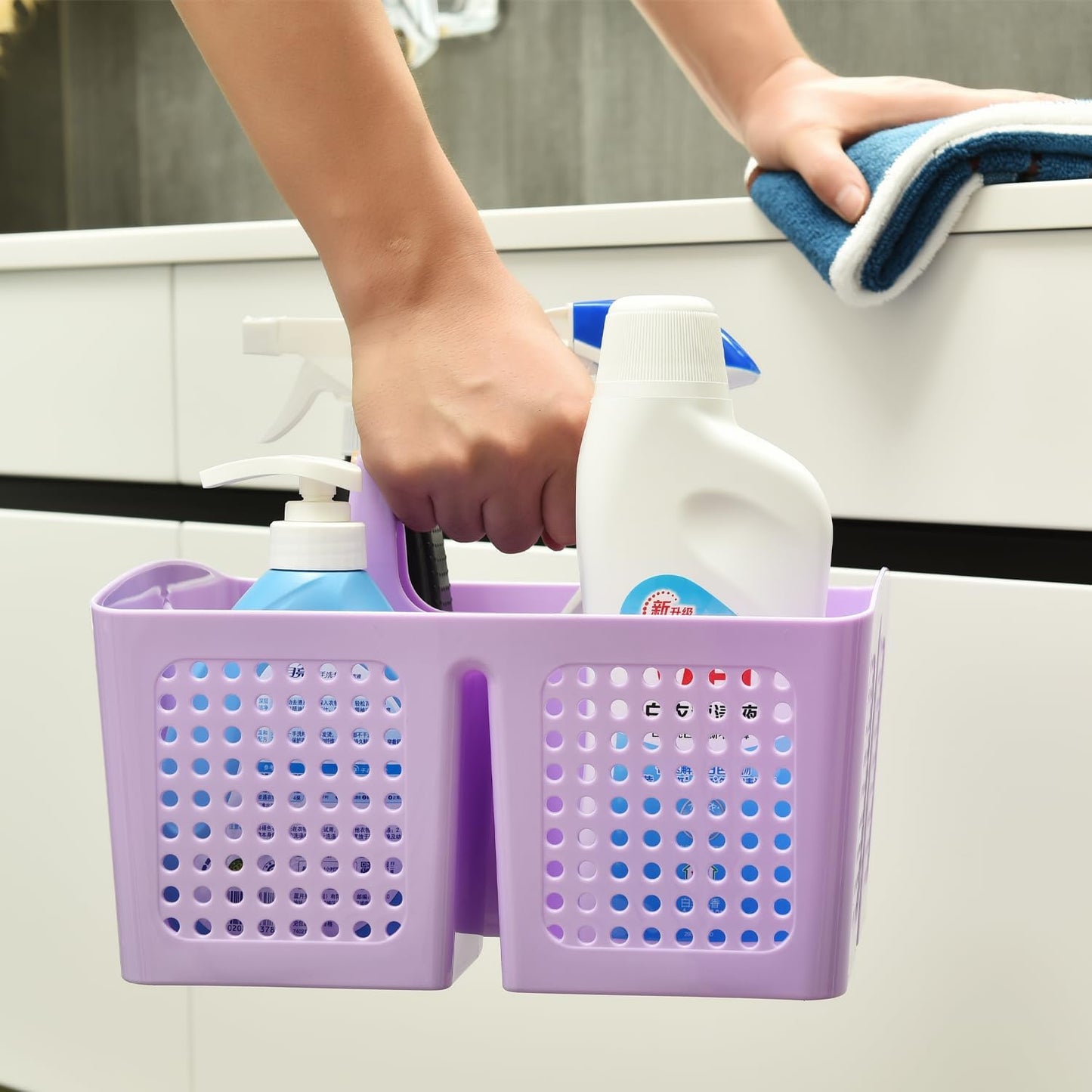 Portable Shower Caddy Basket with Compartments, Plastic Divided Cleaning Caddy Organizer Storage Tote with Handle for Bathroom, College, Dorm Room Essentials, Purple