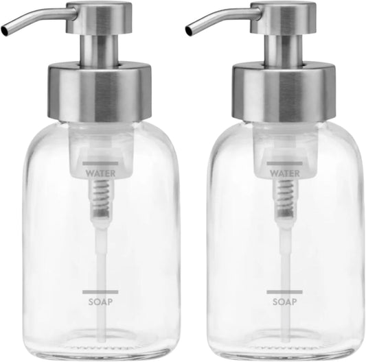 Grove Co. Foaming Soap Dispenser, 2 x Refillable Glass Bottles with Stainless Steel Pump, Reusable Liquid Hand Soap Set for Kitchen or Bathroom, Square Base, Reduce Plastic Waste