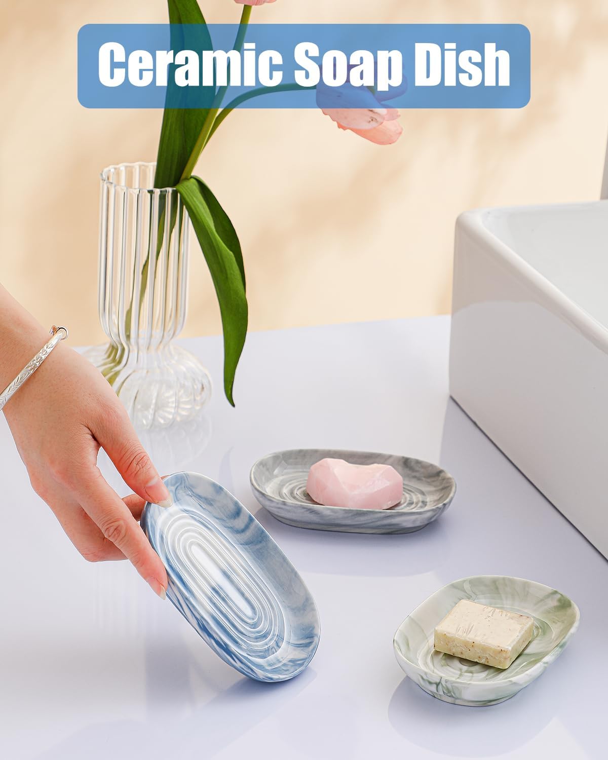 Fancy Ceramic Soap Dish, Decorative Soap Holder with Unique Marble Textures, Multi-Purpose Soap Bar Holder for Bathroom & Kitchen, Non-Slip & Waterproof (Green Texture)