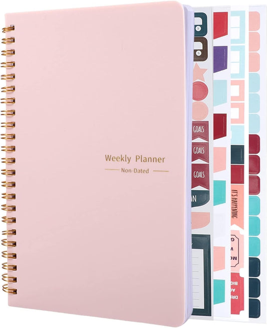 Undated Weekly Planner with Habit Tracker, 52 Weeks To Do List Notebook A5 Weekly Goal Planner with Spiral Binding & Stickers Home Work School Supplies for Women Girls 8.2" x 5.7" - Cute Style