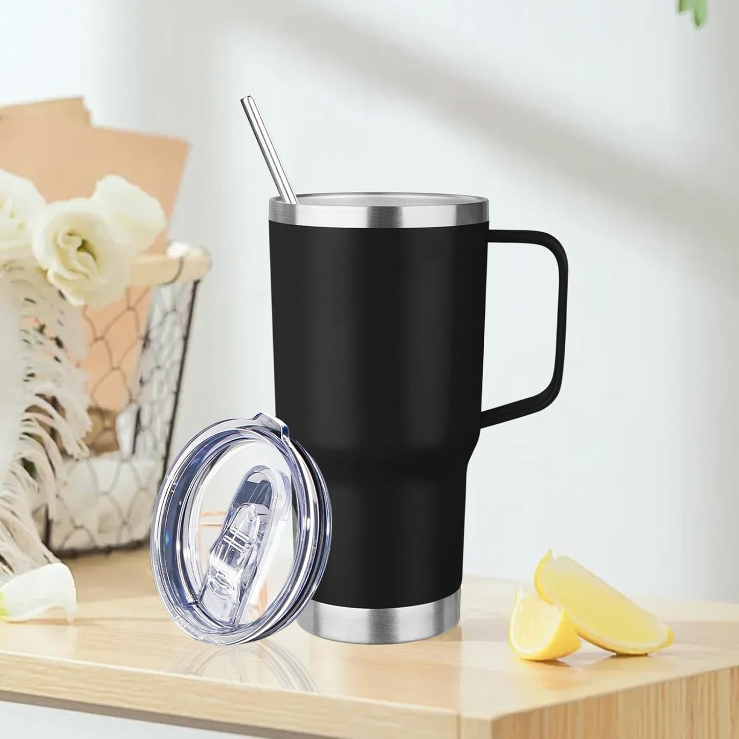 20oz Insulated Tumbler with Handle Stainless Steel Travel Coffee Mug with Lid and Straw Double Wall Vacuum Leak-proof Reusable Thermal Water Cup for Hot and Cold Drinks (Black,1 Pack)