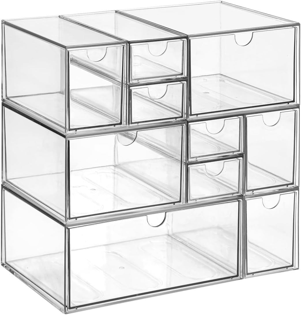 Stackable Storage, Clear Plastic Drawer Storage With 10 Drawers, 4 Different Sizes, Suitable For Desktop, Candy boxesunnels, Cosmetics, Stationery, Jewelry and Organization