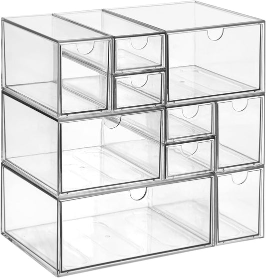 Stackable Storage, Clear Plastic Drawer Storage With 10 Drawers, 4 Different Sizes, Suitable For Desktop, Candy boxesunnels, Cosmetics, Stationery, Jewelry and Organization