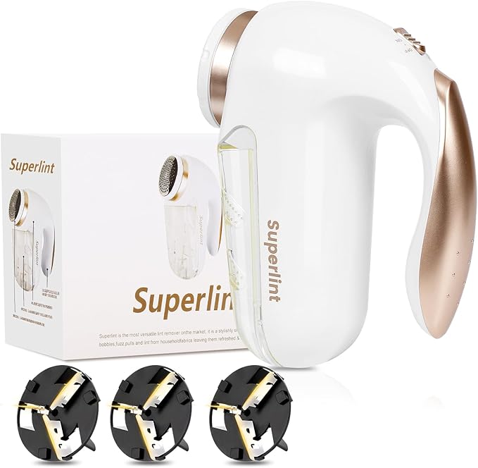 SUPER LINT Electric Fabric Shaver Best Rated Sweater Shaver Fuzz Pill Bobble Remover for Fabric Fleece Curtains Clothes, White & Gold