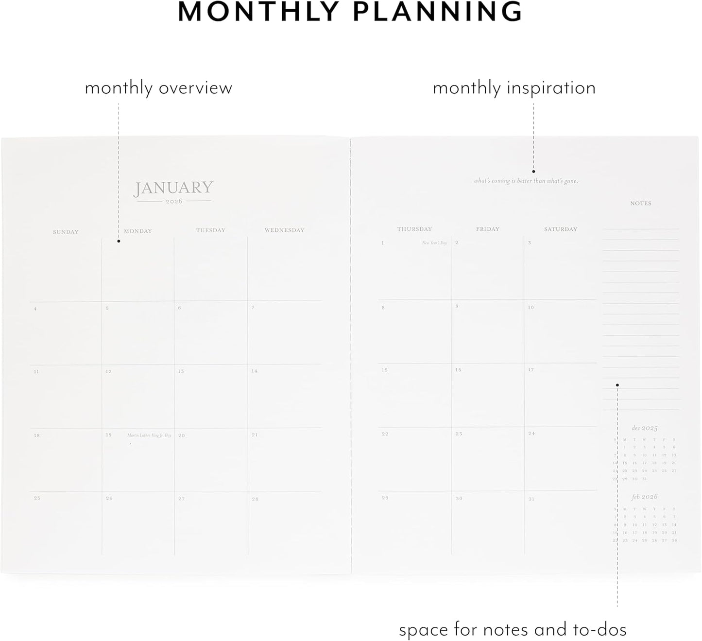 Sugar Paper 2026 Monthly Planner, January to December, 8" x 10", Calendar for Women, Flexible Matte Paper Cover, Fabric Tape Stitch Binding, 12 Month, Two Tone Pink