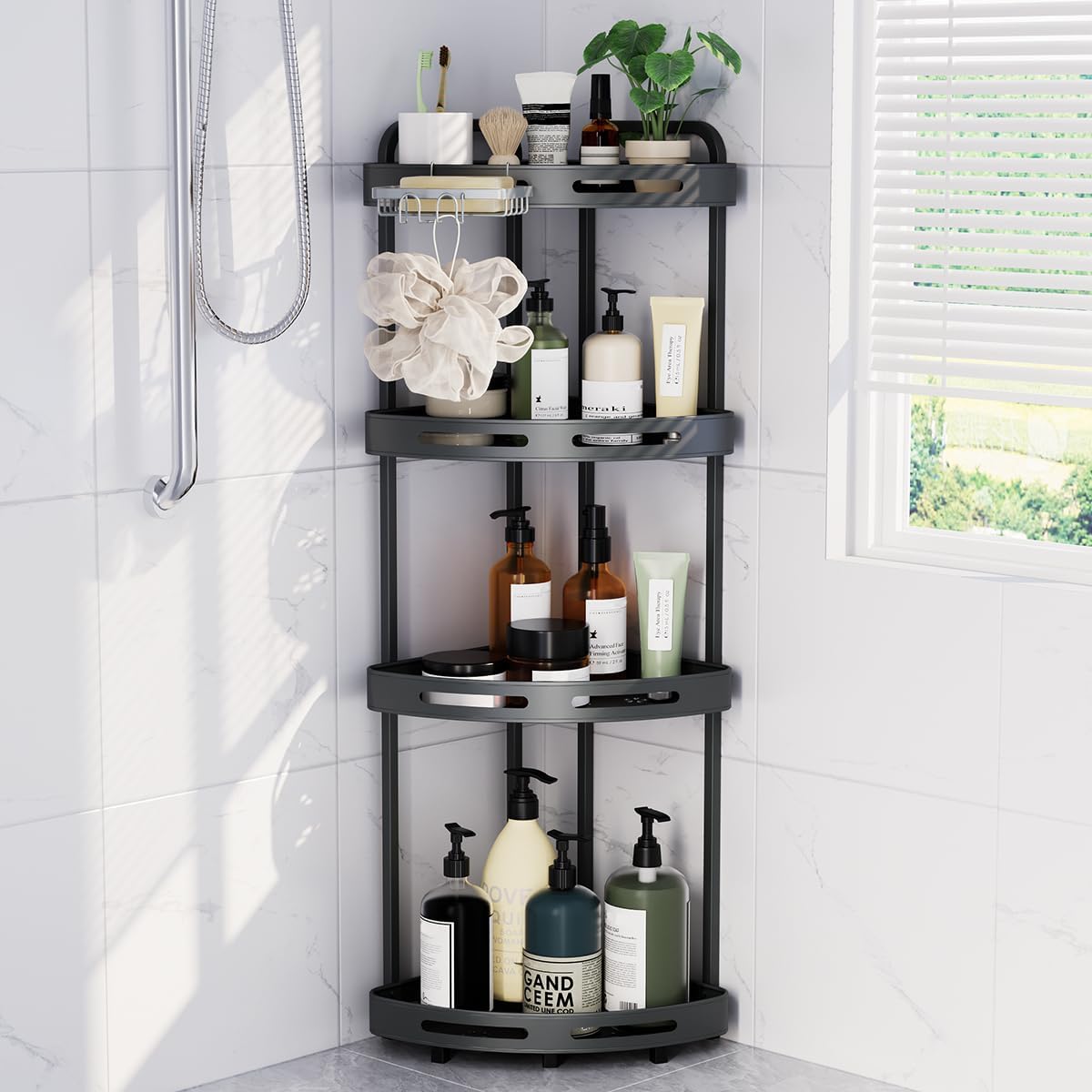 Corner Shower Caddy Stand, 4 Tier Rustproof Standing Shower Organizer with Soap Holder, Aluminum Shower Shelf for Bathroom Storage, Gray