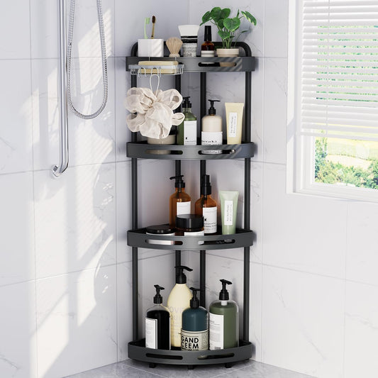 Corner Shower Caddy Stand, 4 Tier Rustproof Standing Shower Organizer with Soap Holder, Aluminum Shower Shelf for Bathroom Storage, Gray