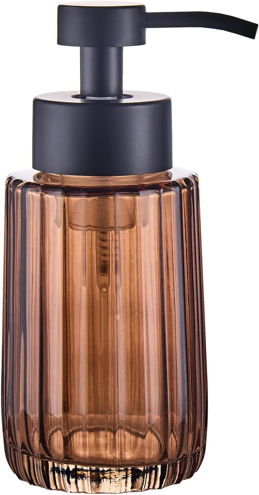 Ekirlin 12Oz Amber Glass Soap Dispenser with Black Rust Proof Stainless Steel Pump, Refillable Kitchen Soap Dispenser with Vertical Stripe, Bathroom soap Dispenser for Dispense Hand soap, Dish Soap