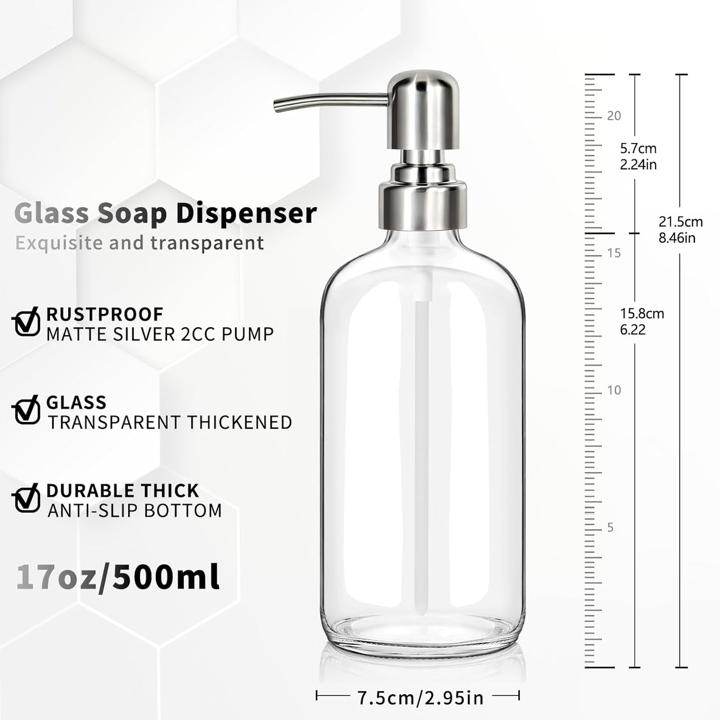 Clear Glass Soap Dispenser with 304 Stainless Steel Pump 17 oz for Kitchen Dish Soap and Bathroom Hand Soap Bottle