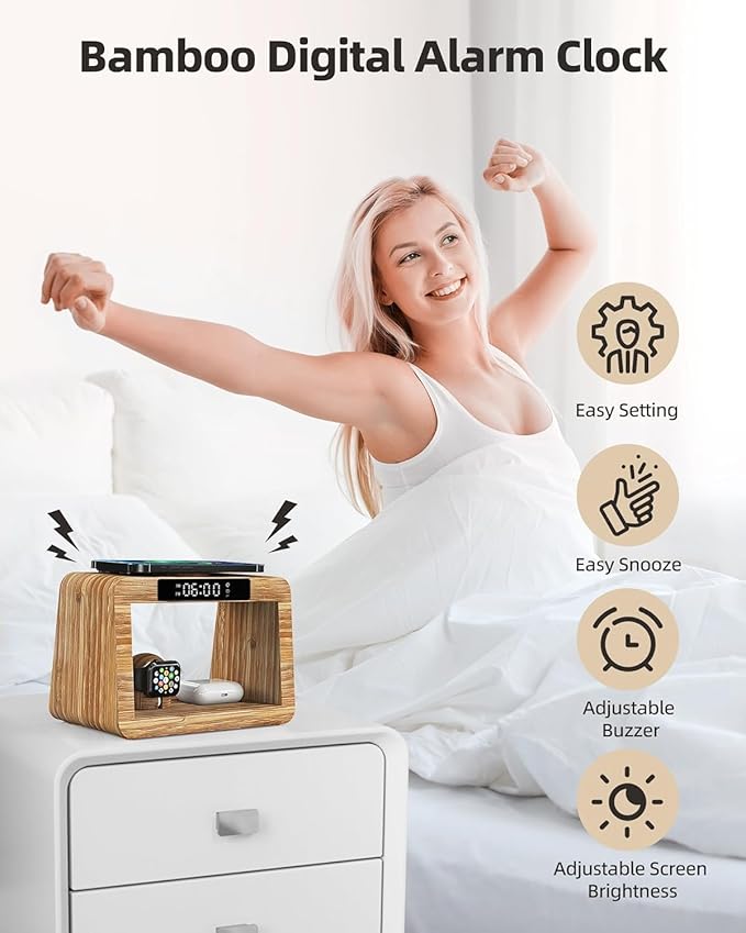 Bamboo Wireless Charging Station,Wireless Charger with Digital Alarm Clock and Night Light, Fast Charger Stand for iPhone 16/15/14/13/12/11 Pro Max/X/Xs, AirPods Pro, iWatch Series 10/9/8/7/6/5/SE