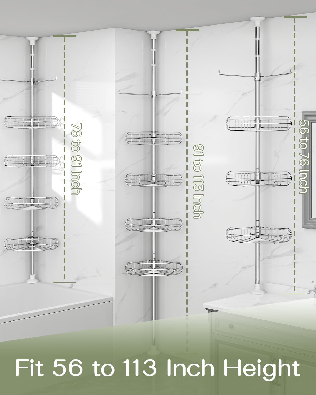 ALLZONE Corner Shower Caddy Tension Pole, 4-Tier Adjustable Shelves, Rustproof Bathroom Shower Organizer Corner for Inside Shower Storage, Tension Mounted, 56 to 113 Inch Height, Sliver