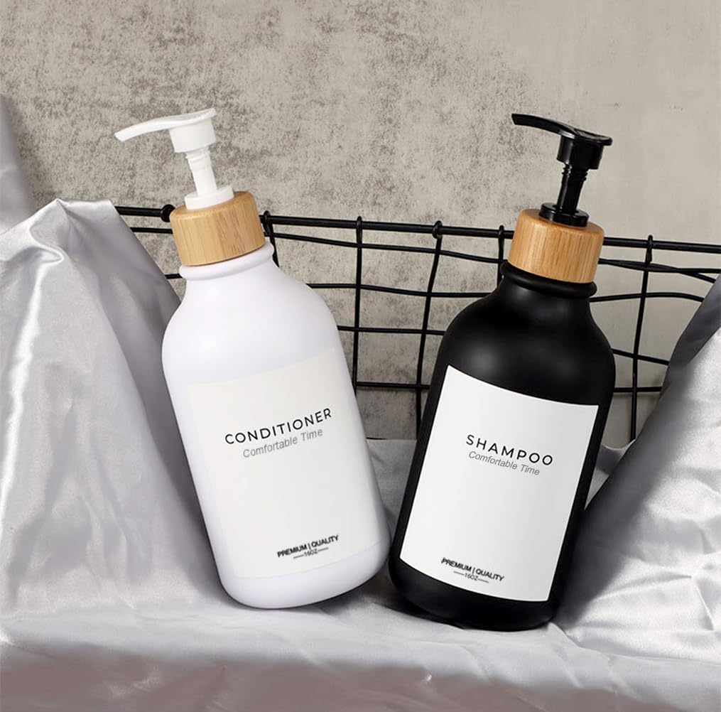 Frosted Heavy Duty Shampoo and Conditioner Bottles, Apothecary Dispenser Bamboo Pump, Refillable Shampoo Bottles for Shampoo Lotion Oil Shower Soap Hand Soap and Dish Soap (Matte Black)