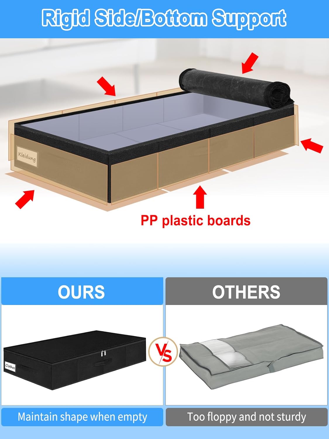 Under Bed Storage Bags with Zipper, 7 Inch Tall Underbed Storage Containers with Rigid Sides & Bottom,30x15x6.7 Inches, Large Clothes Organizer Box for Bedroom, Dorm, Couch, Black