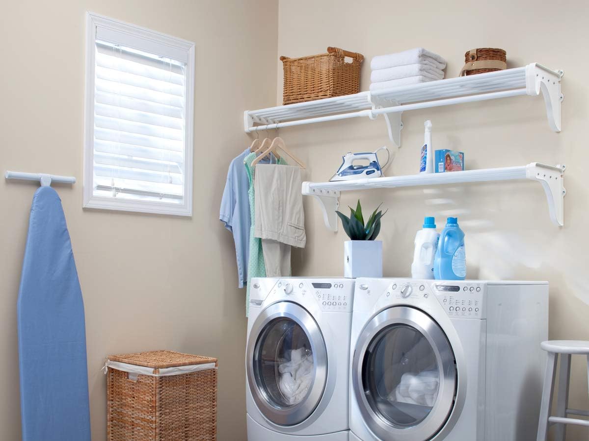 EZ Shelf Expandable Laundry Room Shelves Over Washer and Dryer - 2 Shelves (Expands 63.3 to 120") - 1 With Hanging Rod - White - Laundry Room Organization