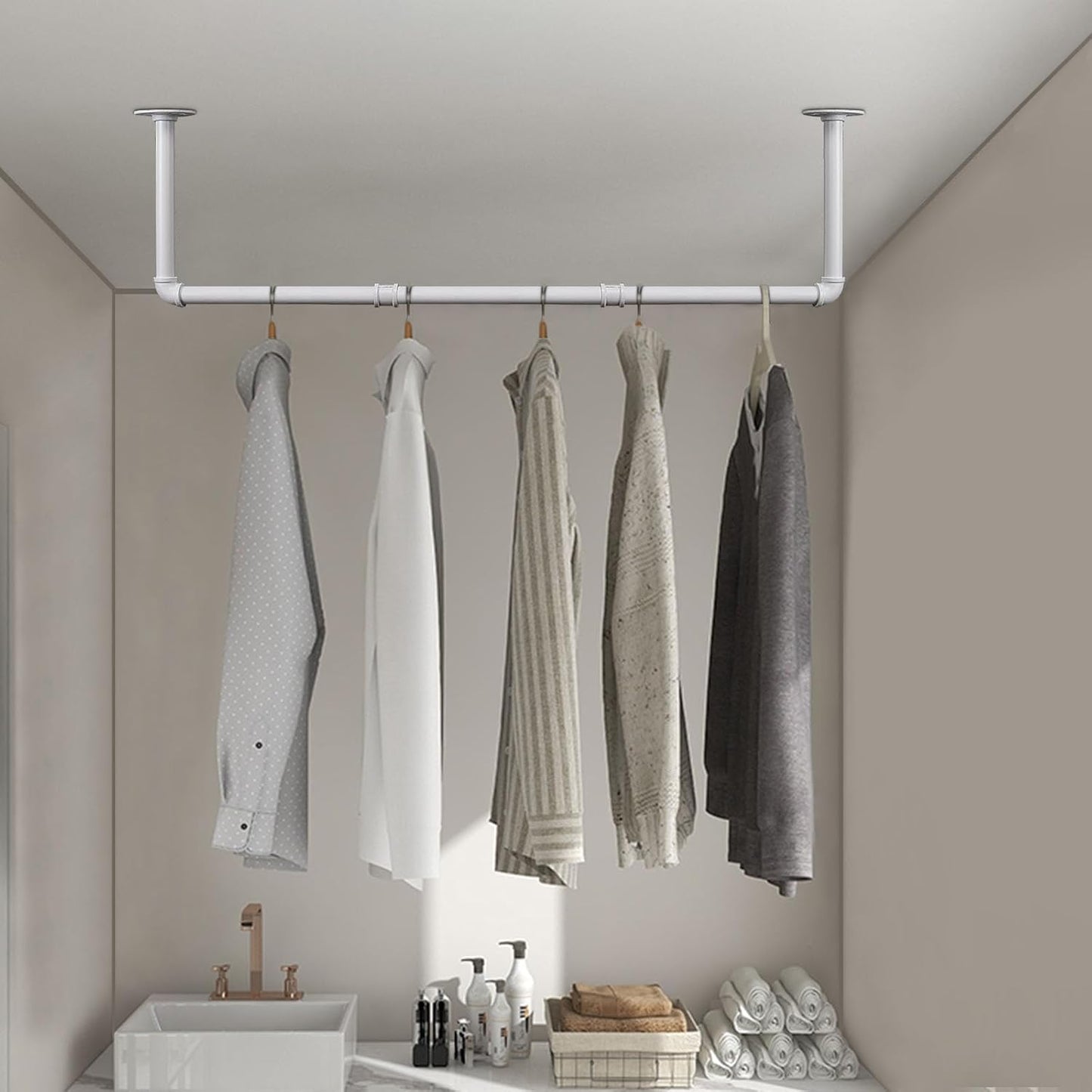 Industrial Iron Pipe Clothes Hanging Bar DIY Wall-Mounted Garment Rack Heavy Duty Clothing Rack for Bedroom, Laundry Room, Closet Storage (White 36 inch)