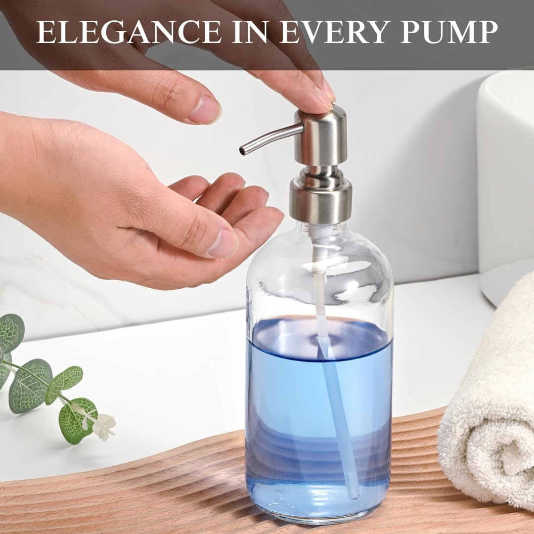 Clear Glass Soap Dispenser with 304 Stainless Steel Pump 17 oz for Kitchen Dish Soap and Bathroom Hand Soap Bottle