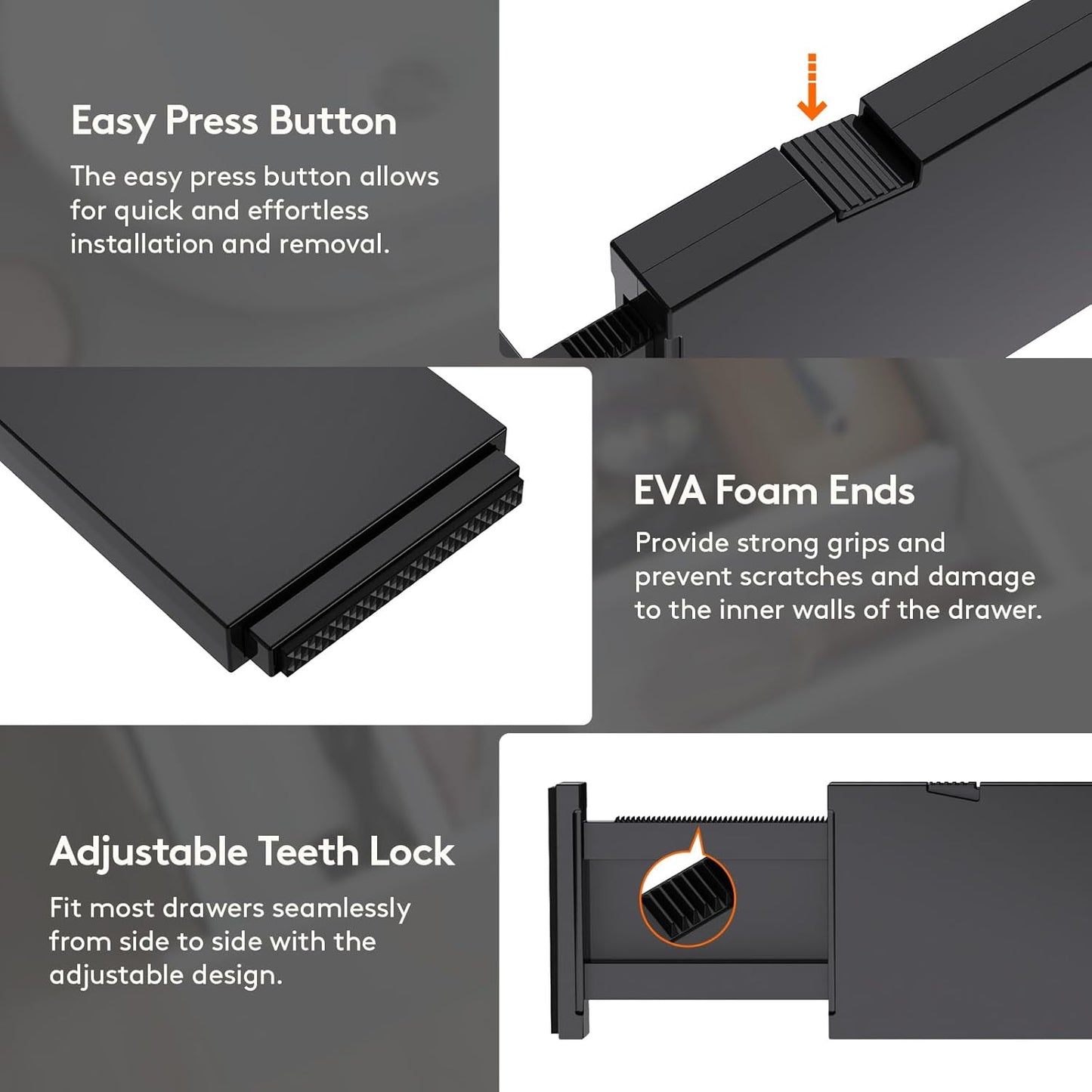 Lifewit 6 Pack Drawer Dividers 4" High, 11-17" Adjustable Drawer Organizers for Clothes, Expandable Dresser Separators in Bedroom/Bathroom/Kitchen/Fridge/Office Organization and Storage, Black