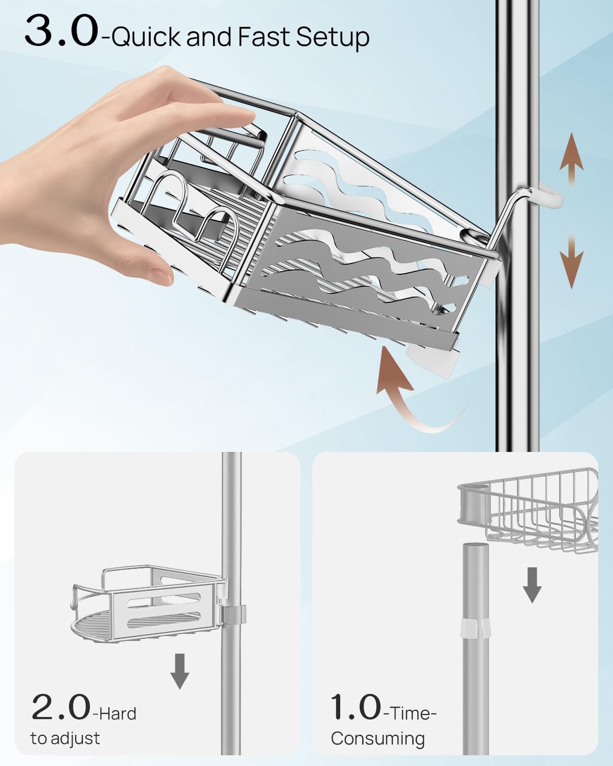 ALLZONE Corner Shower Caddy Tension Pole, Quick to Install, Easy to Adjust, Rust-Free Stainless Steel Shower Organizer Corner and Storage Shelves, Drill Free, Extends from 34 up to 116 Inch Tall