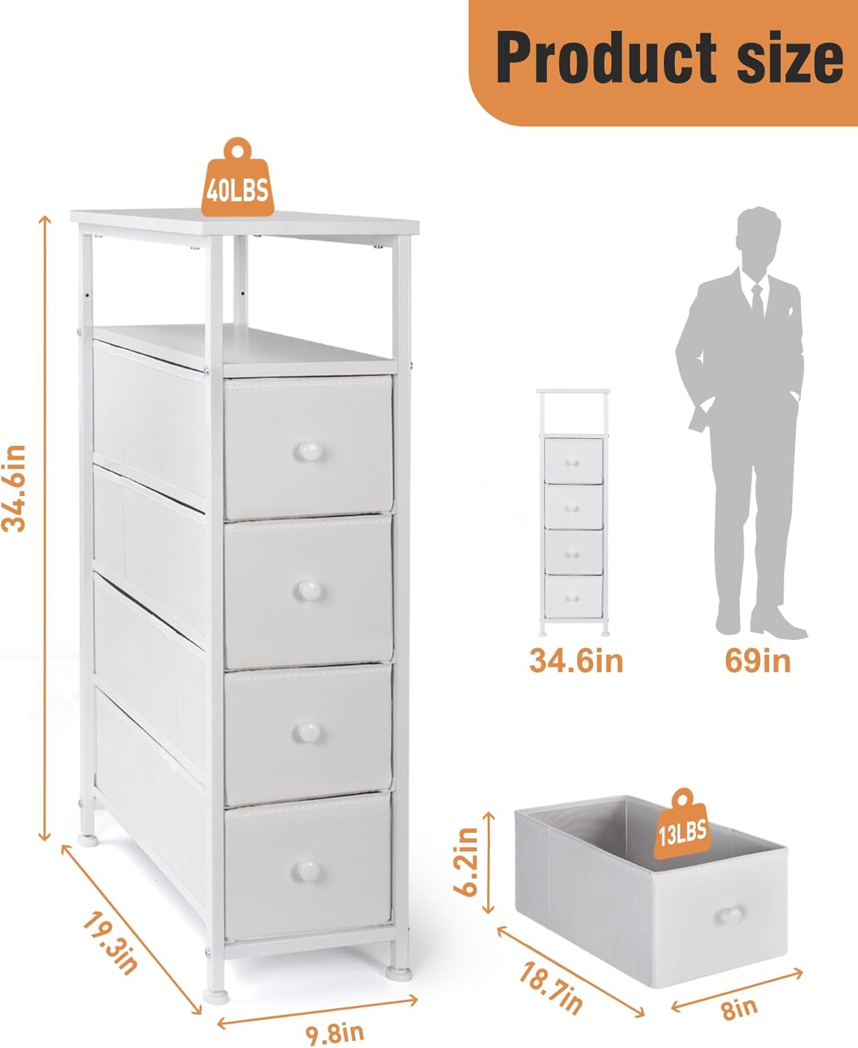 Narrow Dresser for Bedroom, Fabric Tall Dresser & Chests of Drawers with 4 Drawers, Vertical Organizer Storage Tower Unit for Bedroom, Hallway, Entryway White