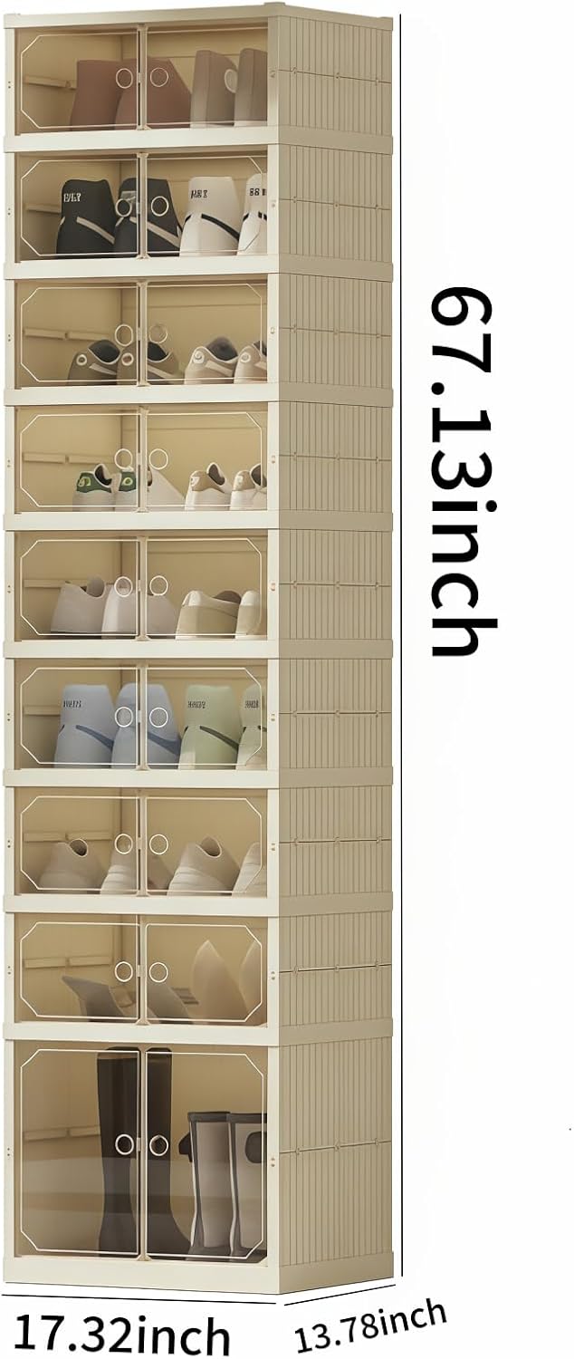 Elayce Foldable Shoe Rack Organizer, 9-Tier (8+1 Tall) Double-Row Shoe Cabinet, Installation-Free Stackable Shoe Storage Boxes with Clear Magnetic Doors for Entryway & Closet (White)
