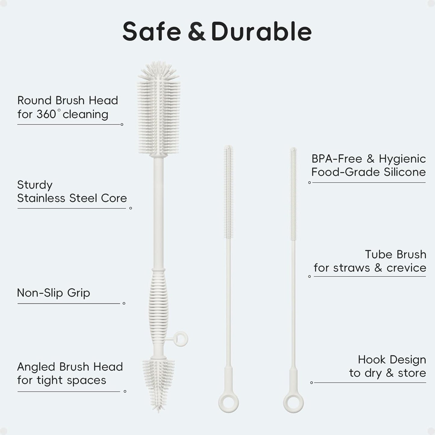 Silicone Cleaning Brush Kit,Water Bottle and Straw Cleaner Brush Set for Tumbler,Baby Bottle,Breast Pump Part,Nipple,Sippy Cup,Glass,Dishwasher Safe,BPA Free,3 Pcs