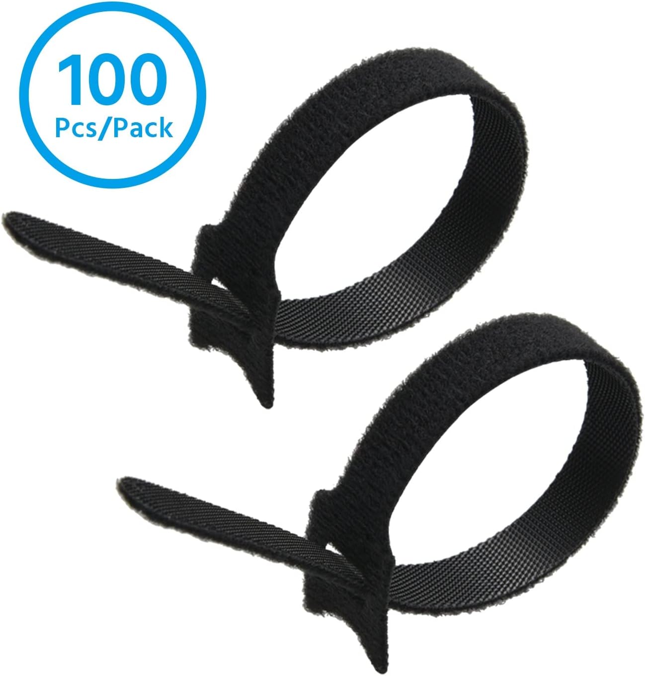 8" (100-Pack) Reusable Hook and Loop Self Gripping Black Fastening Cable Ties - Multipurpose Microfiber Cloth Cable Organizer Ties