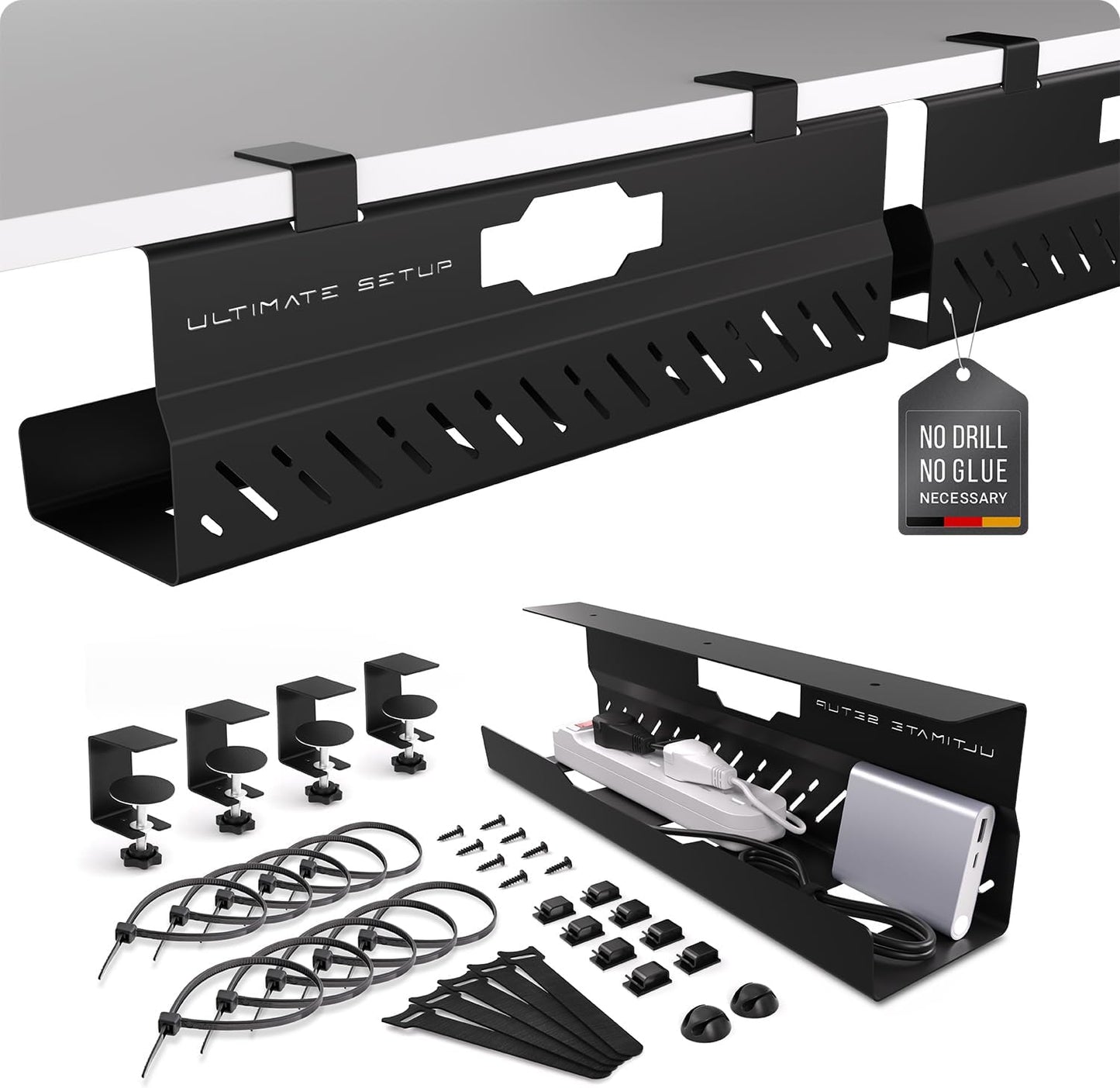 Under Desk Cable Management Tray no Drill – Wire Management - Cord Organizer – Huge Load Capacity – Under Desk Cable Tray no Drill (Black, 2 Pieces Set)
