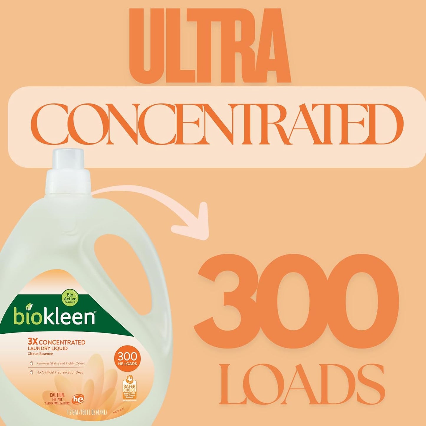 Biokleen Natural Laundry Detergent Liquid - 300 Loads- Eco Friendly Concentrated Plant Based Safe for Kids and Pets No Artificial Colors or Preservatives