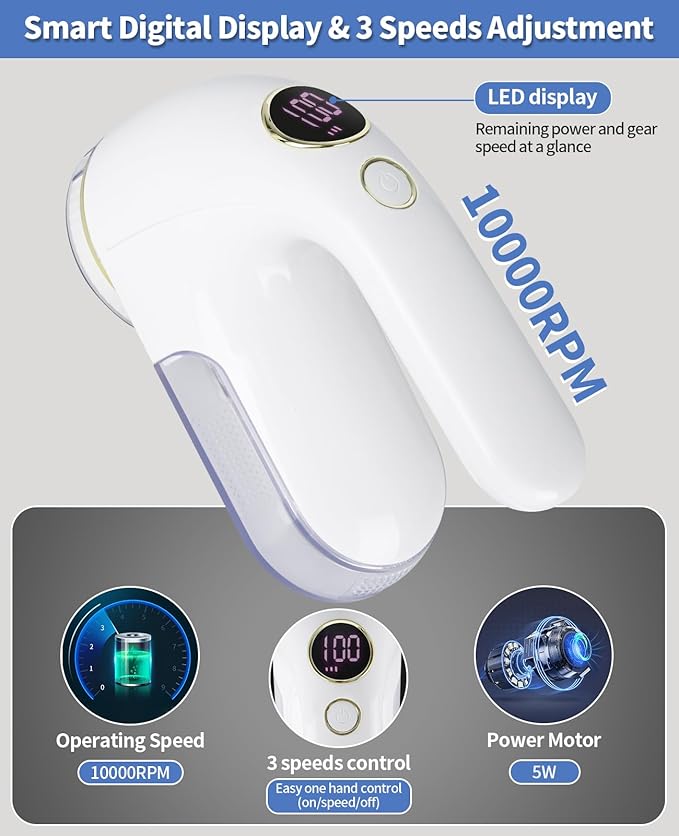 Fabric Shaver, Electric Lint Remover Rechargeable with LED Display, 6-Leaves Blades, 3-Speeds Adjustment, Sweater Shaver to Remove Fuzz, Lint, Pills for Clothes and Furniture, White