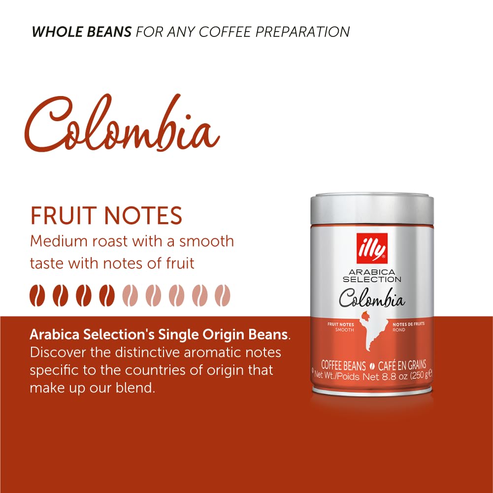 Illy Whole Bean Coffee, Colombia Medium Roast - Notes of Citrus and Red Fruits - 100% Arabica - Whole Beans - Pressurized Packaging Sealed for Freshness – 8.8oz Can (Pack of 6)