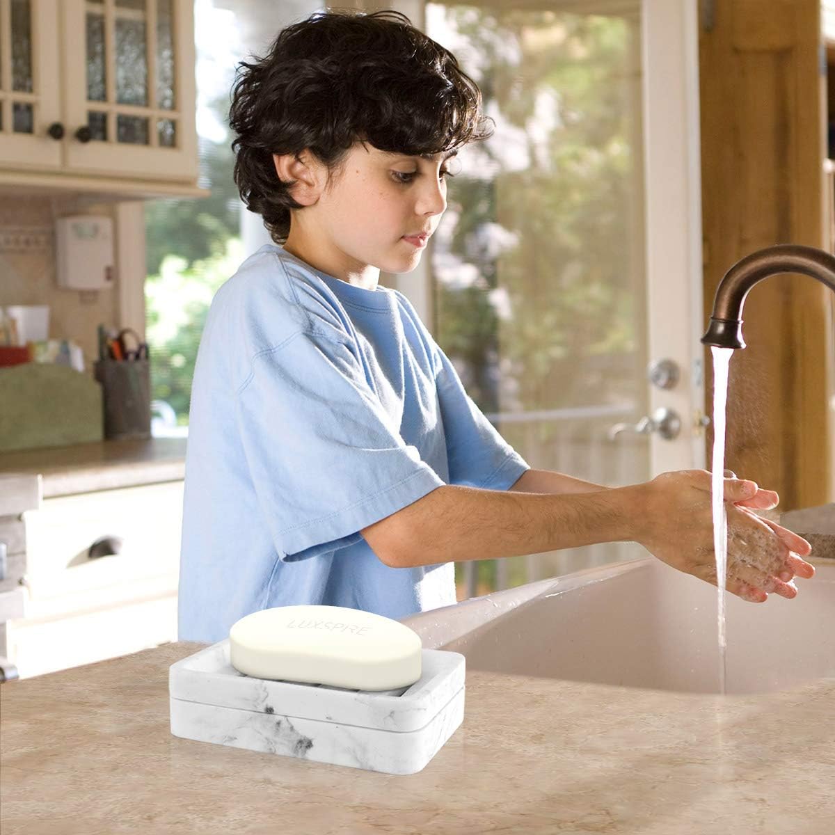 Luxspire Soap Dish Tray, Double Layer Draining Sponge Holder, Detachable Container Box for Bathroom Shower, Kitchen Sink Dish - White Marble