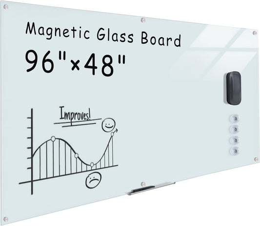 Magnetic Glass Whiteboard，96"x48" Wall Mounted Frameless Dry Erase Board for Office, Home & School White