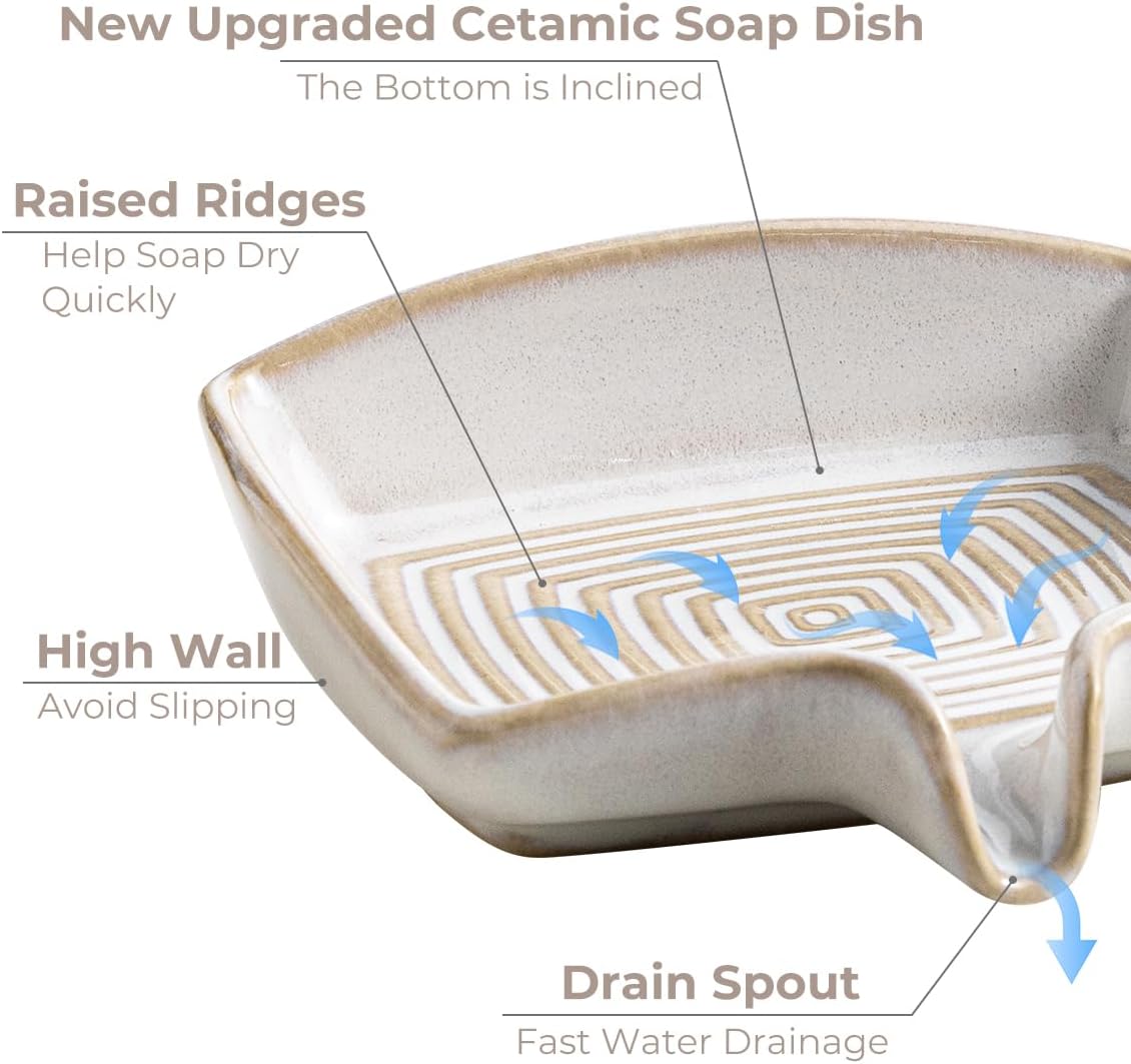 Soap Dishes, Ceramic Shower Soap Dish with Waterfall Design Bar Soap Holder Self Draining Soap Saver for Shower, Bathroom, Sink, Kitchen and Countertop, Beige White